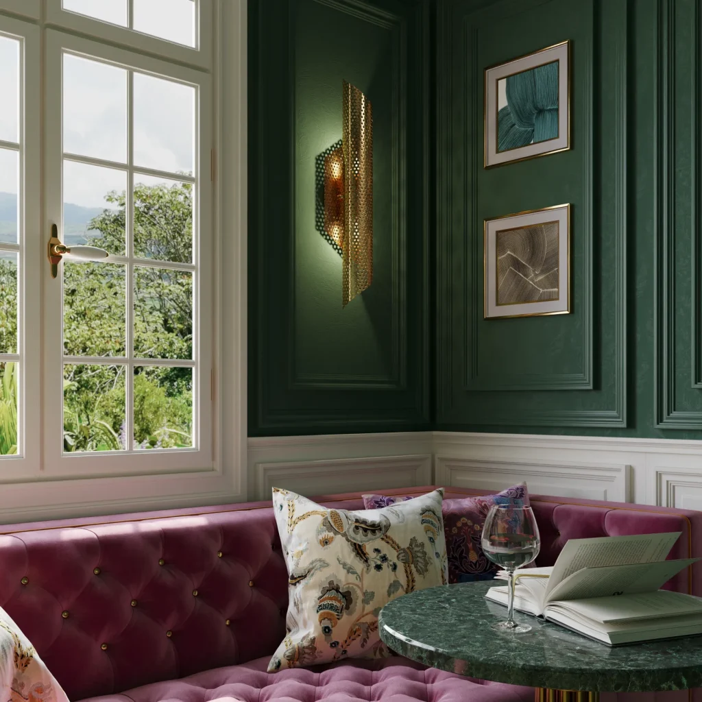 Dining room with a layered chandelier