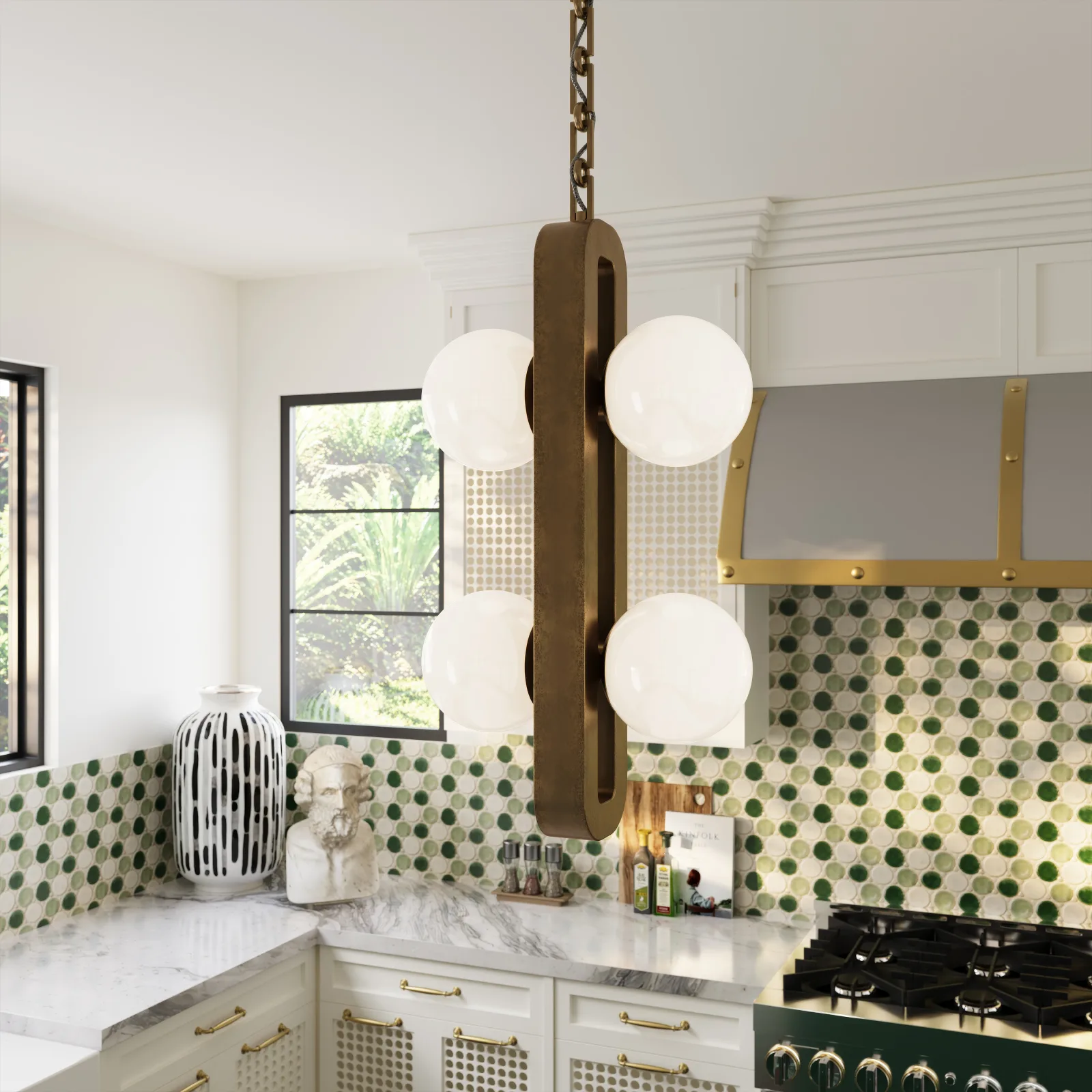 Close up of a pendant over a kitchen island