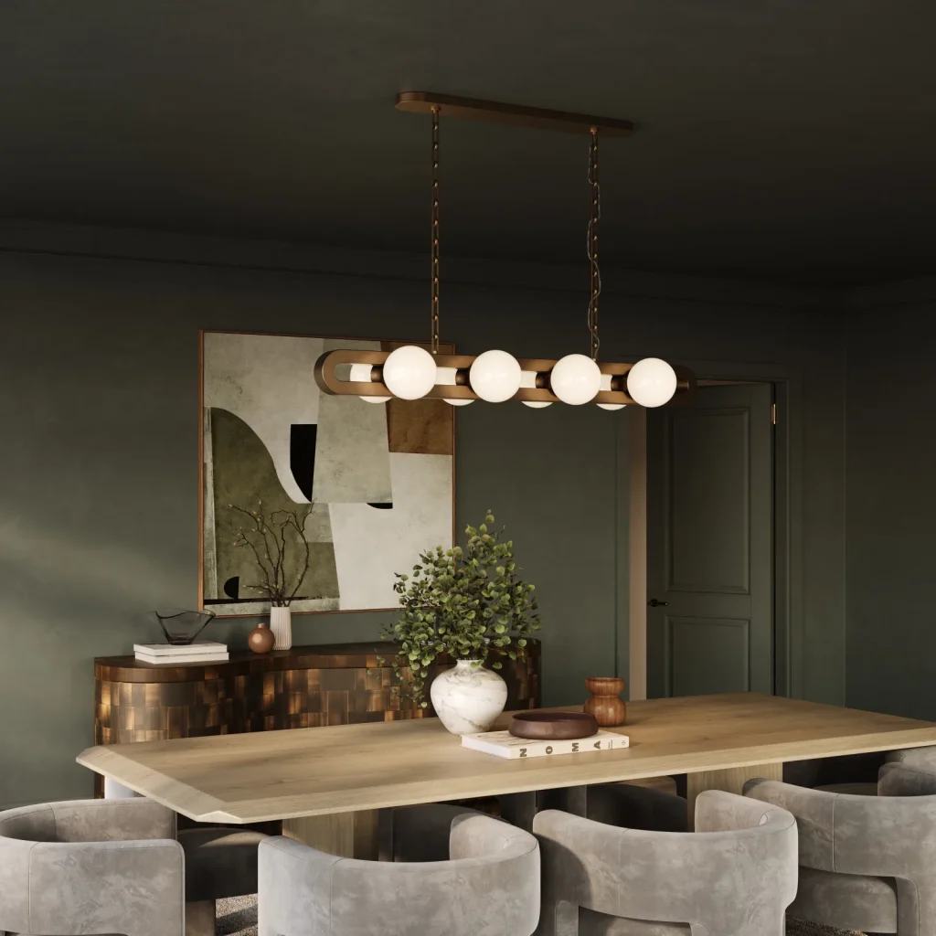 Dining room with a linear brass chandelier