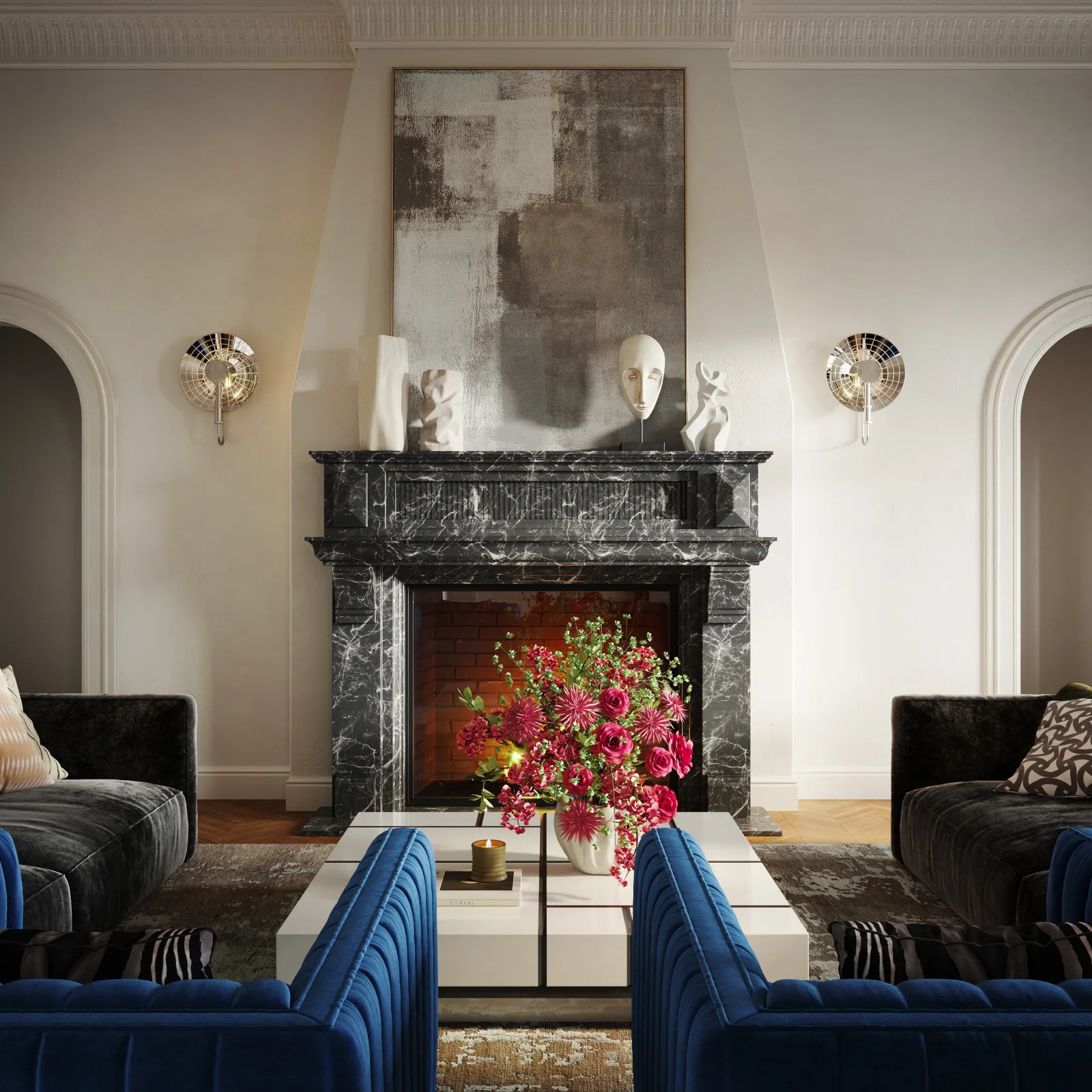 Living room with a sculptural chandelier