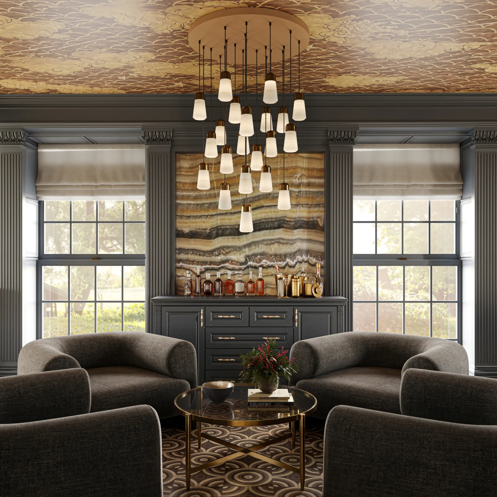 Living room lit by a sculptural chandelier
