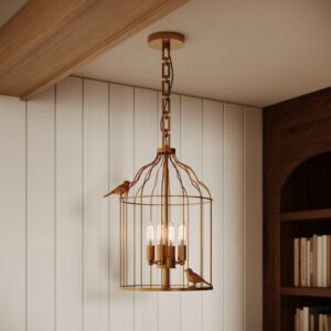 Maleny birdcage pendant in unlacquered brass against white paneling beside built-in bookshelves