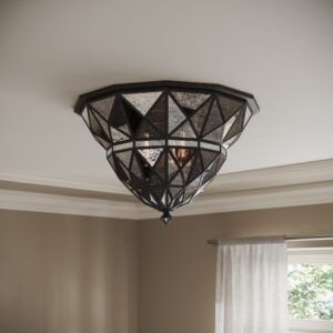 Positano mercury glass flush mount in black bronze on a white bedroom ceiling