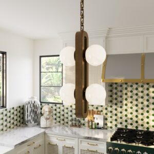 Rio 25" opal globe pendant in unlacquered brass over a kitchen counter with green and white tile
