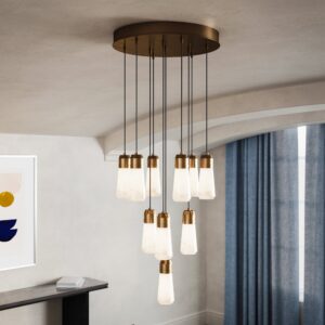 Milano 18" alabaster chandelier in plated brass in a vaulted dining room