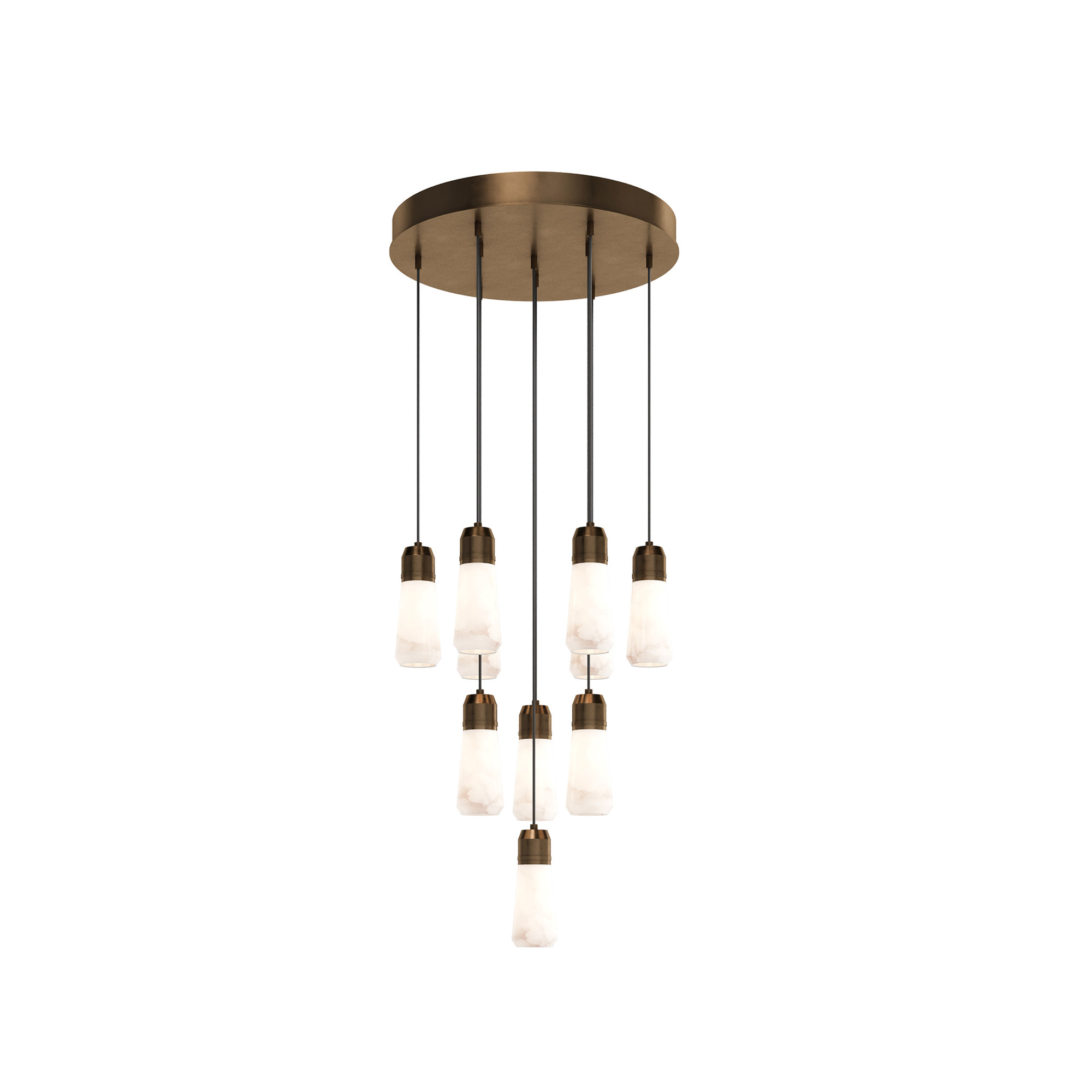 Milano 18" alabaster chandelier in plated brass, angled view, lit