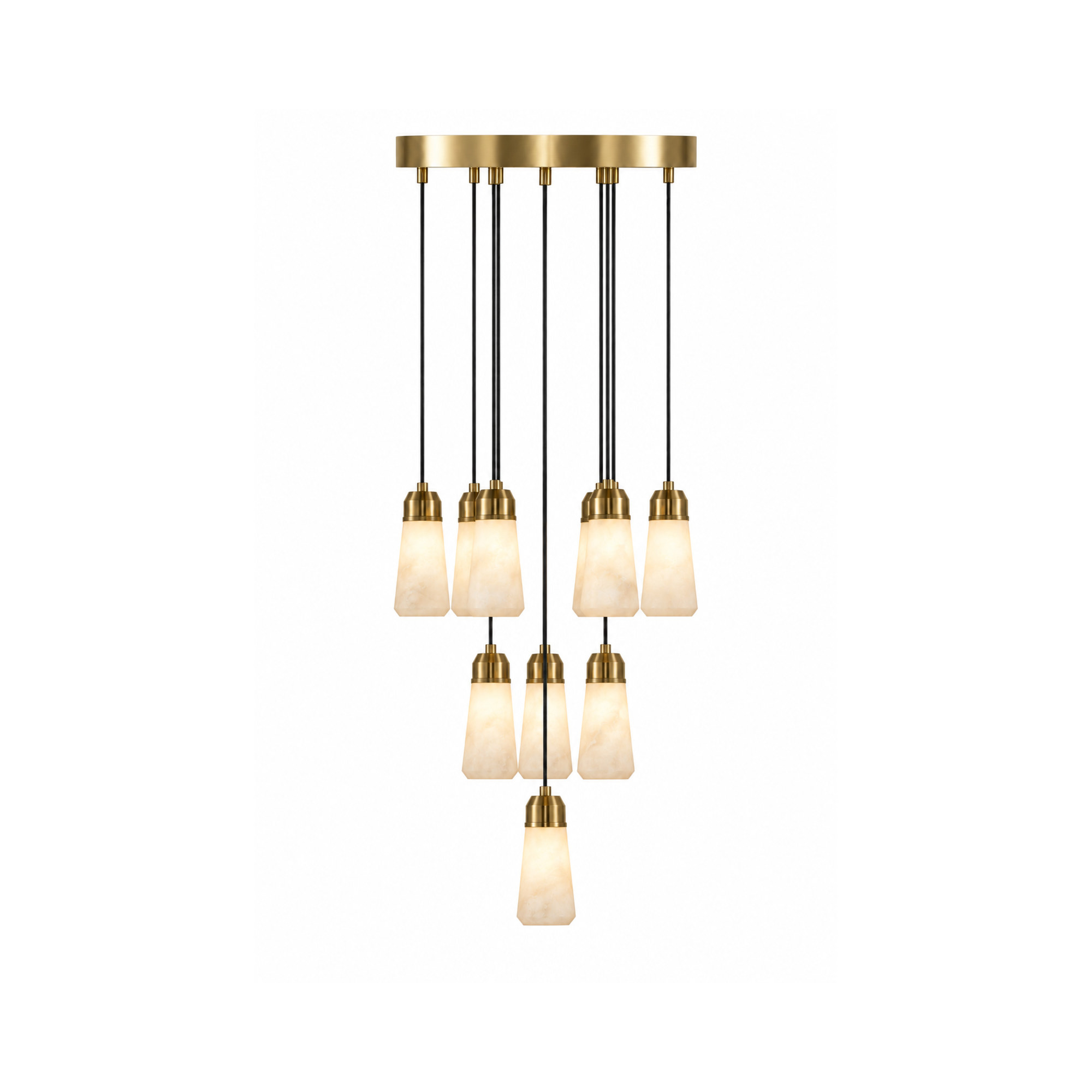 Milano 18" alabaster chandelier in plated brass, front view, lit
