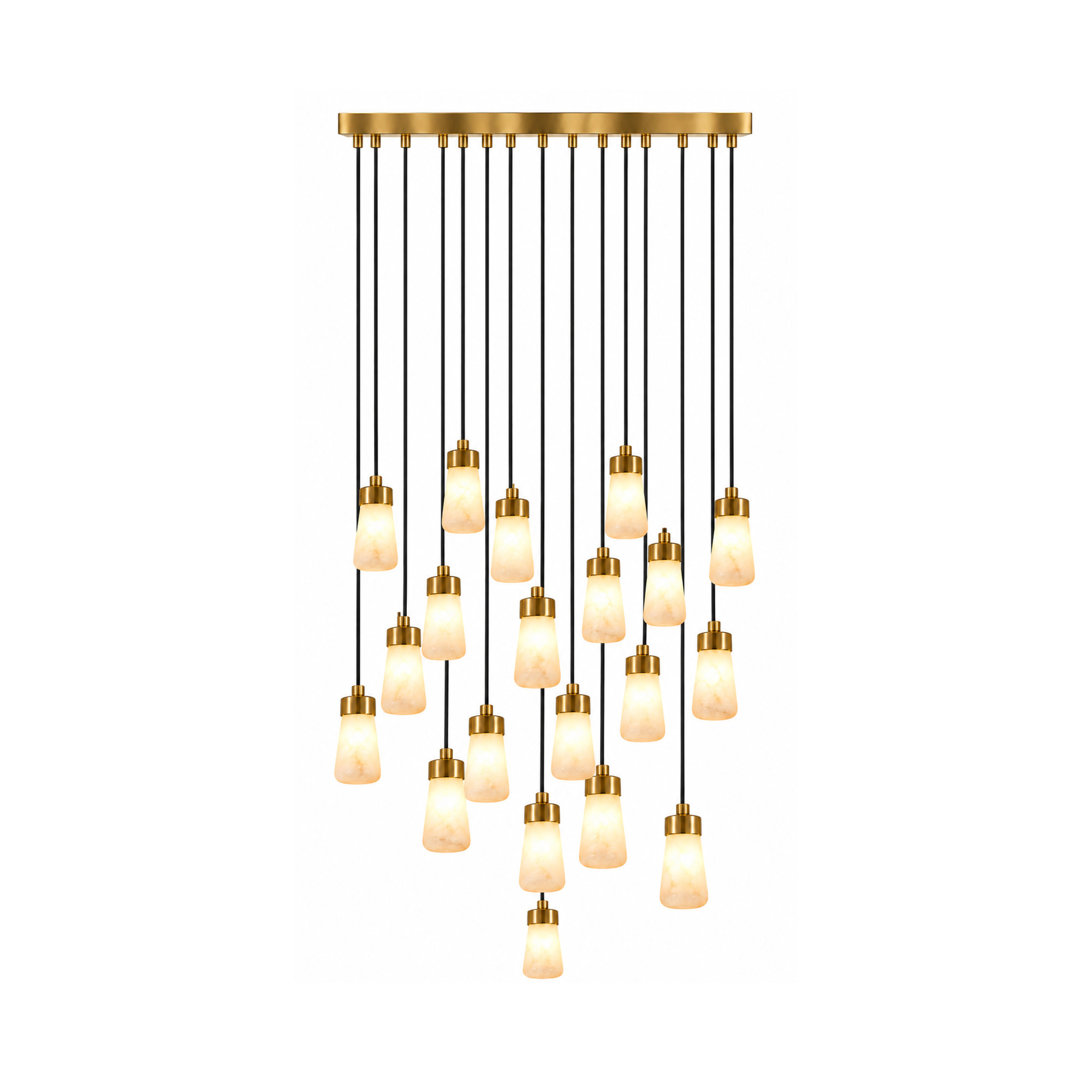 Milano 30" alabaster chandelier in plated brass, three-quarter view, lit