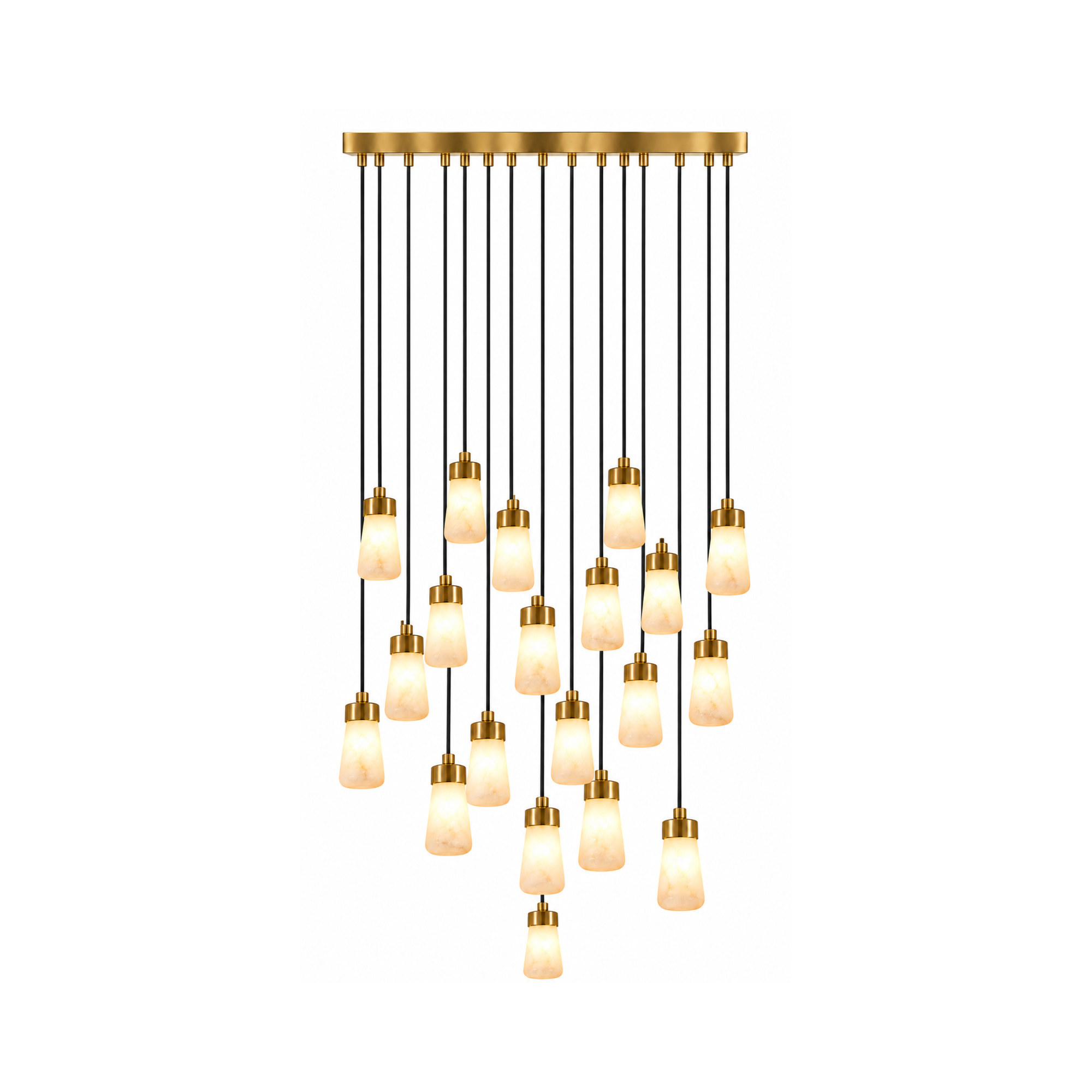 Milano 30" alabaster chandelier in plated brass, front view, lit