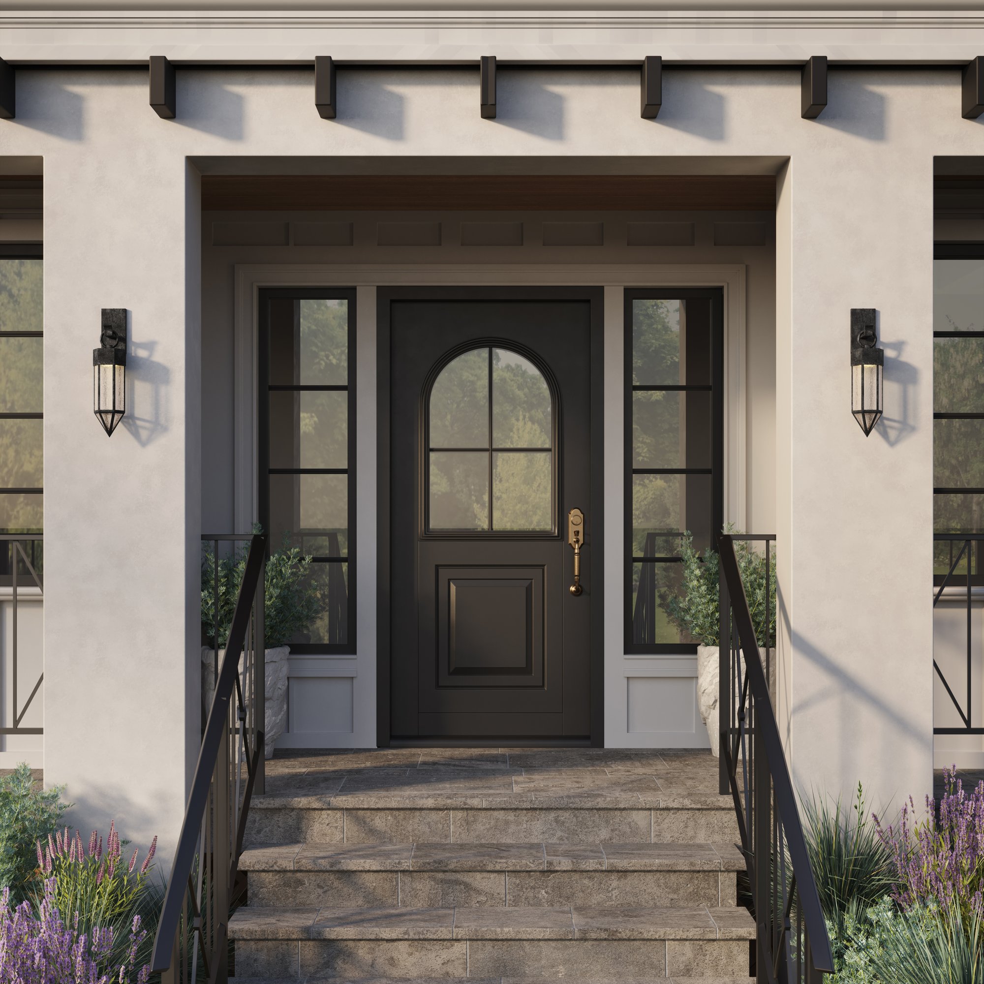 Giza pyramid outdoor wall lantern in dark oil-rubbed brass on either side of a front door with stone steps