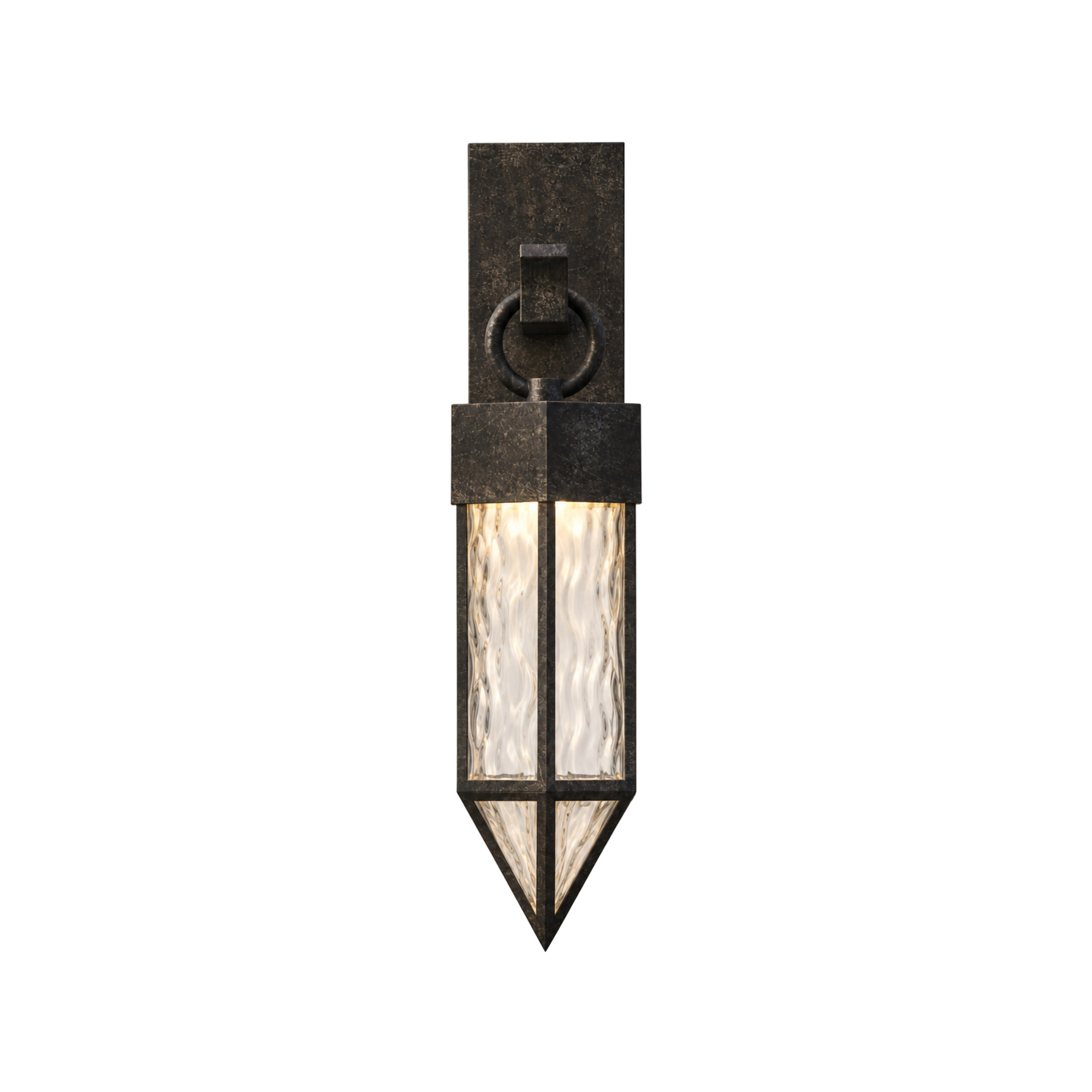 Giza pyramid outdoor wall lantern in dark oil-rubbed brass, front view, lit