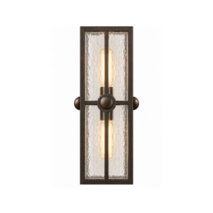 Tuscany outdoor wall sconce in dark bronze with clear water glass, front view, lit