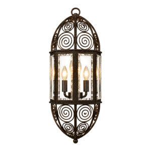 Andalusia 18" outdoor wall sconce in aged iron with chiseled glass, front view, lit