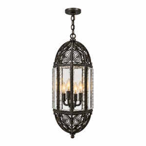 Andalusia outdoor hanging lantern in aged iron with chiseled glass, front view, lit