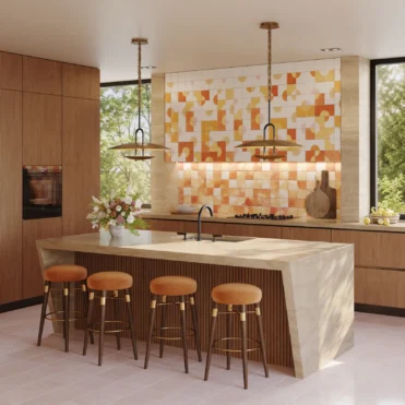 Kitchen island lit by glass pendants