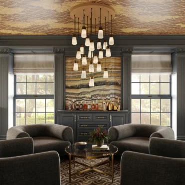 Living room lit by a sculptural chandelier