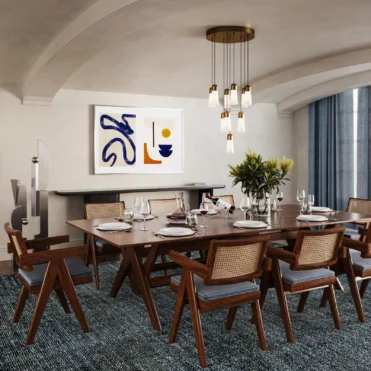 Vaulted dining room with alabaster pendants